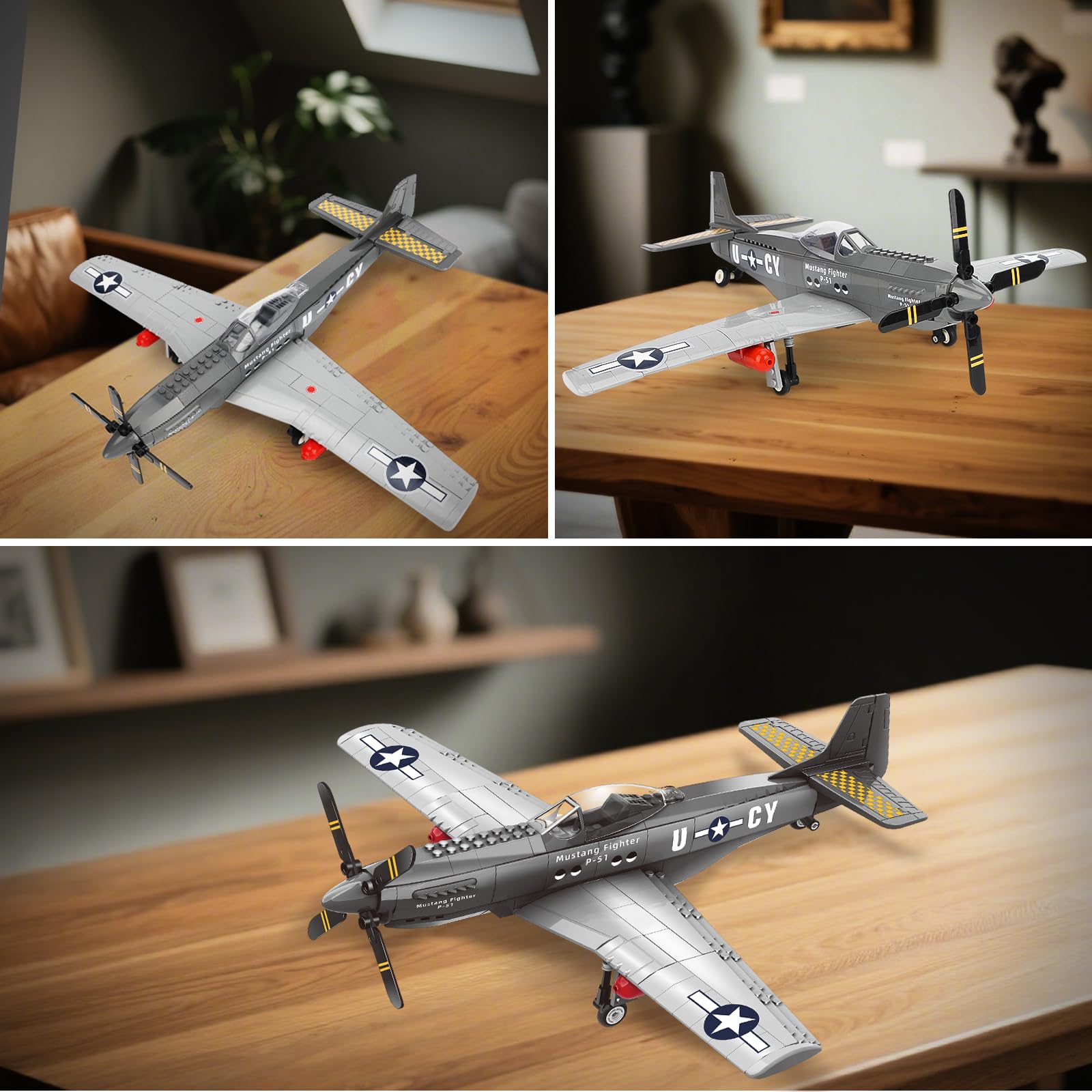 YYKNGYI P51 Mustang model featuring smooth wheels for display and play.