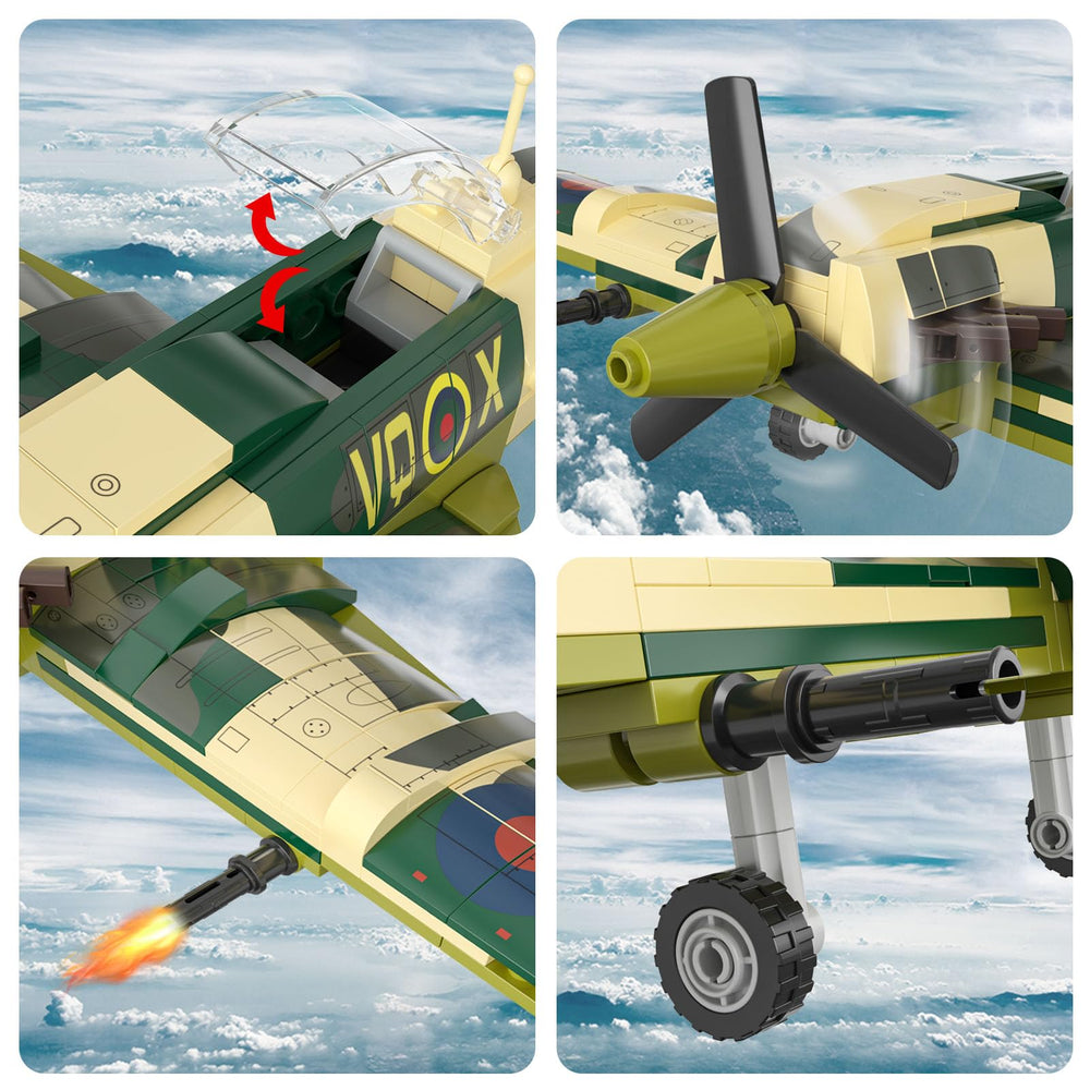 YYKNGYI Spitfire plane propellers spinning for authentic build-and-play experience.