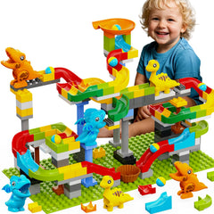 YY LANDTOYS dinosaur marble run track promotes creative problem solving during play.