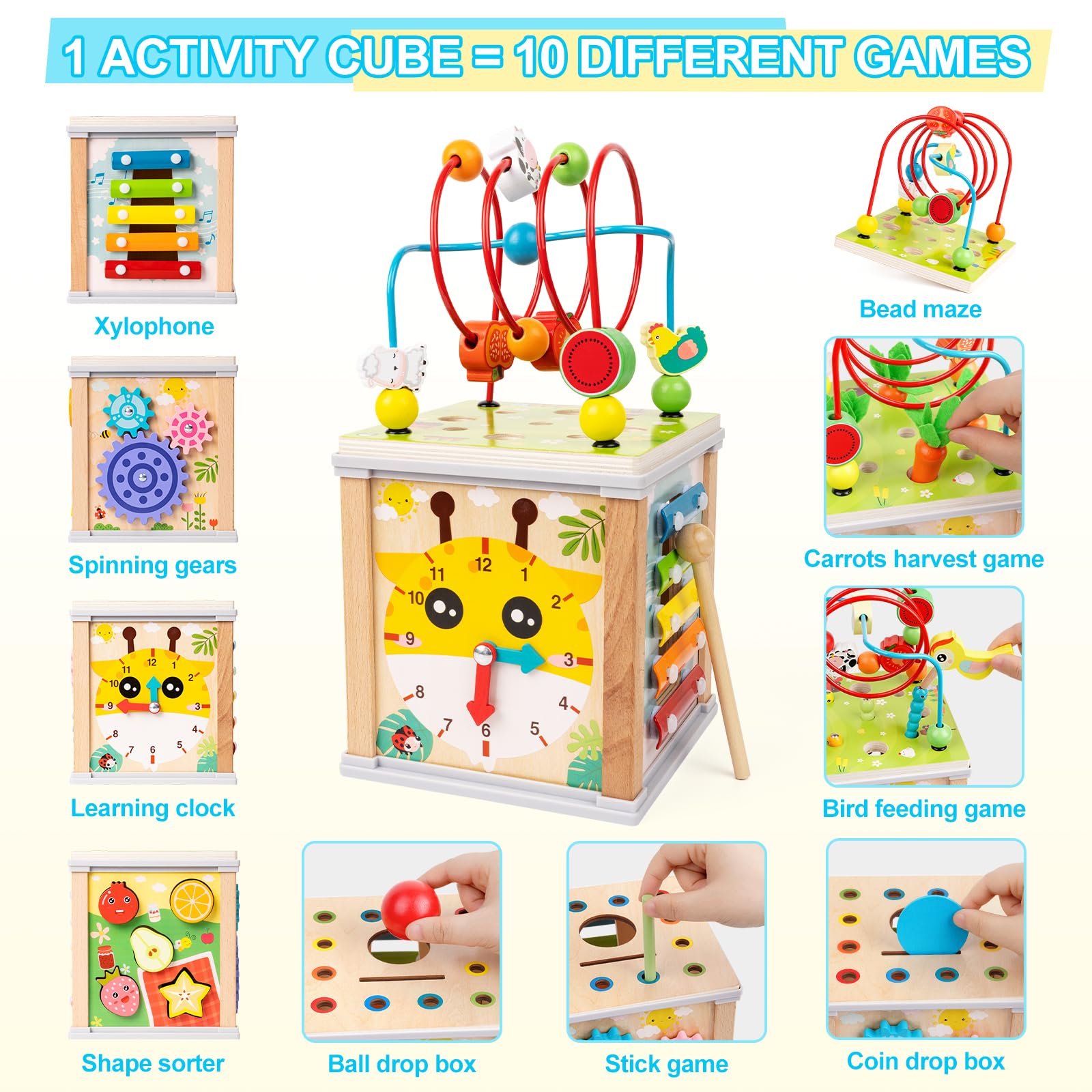 YySiRui wooden activity cube with baby xylophone for musical exploration