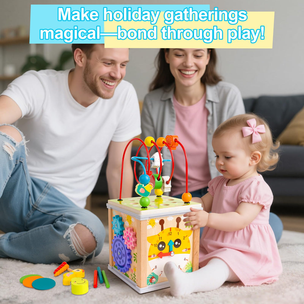 YySiRui wooden activity cube detachable panel transforms cube into multi-activity station