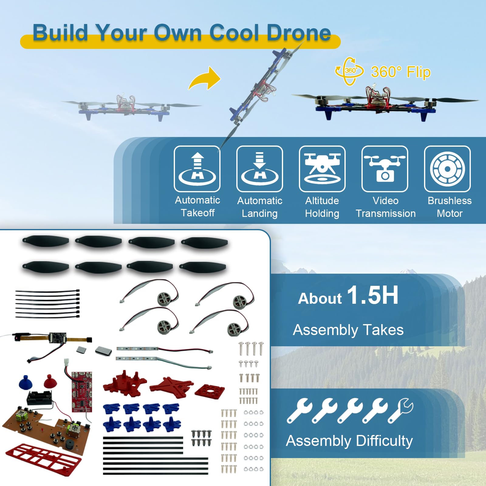 YYSOLDERIC DIY Drone Kit featuring dual cameras for real-time video and learning.