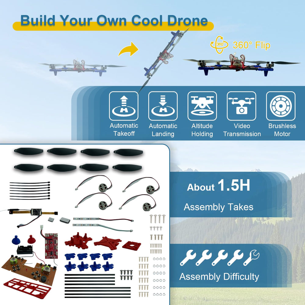 YYSOLDERIC DIY Drone Kit featuring dual cameras for real-time video and learning.