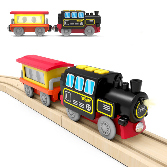 Z MAYABBO battery locomotive train front view with magnetic connectors for wooden tracks.