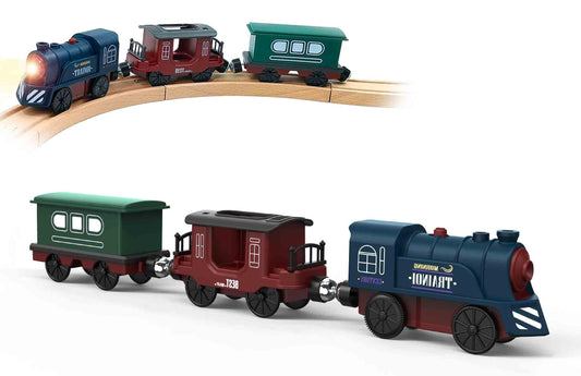 Z MAYABBO battery-operated train head powering imaginative play on wooden tracks.