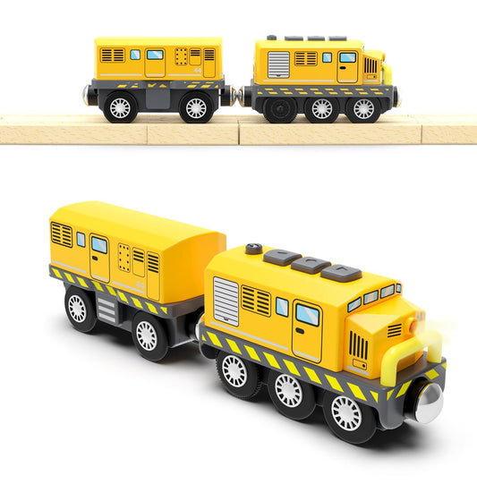 Z MAYABBO battery train locomotive with front lights for realistic play on wooden tracks.