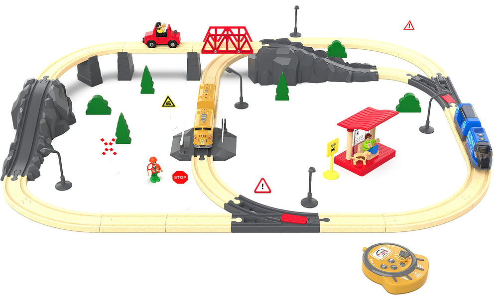 Z MAYABBO train on wooden track ideal for imaginative railroad adventures.