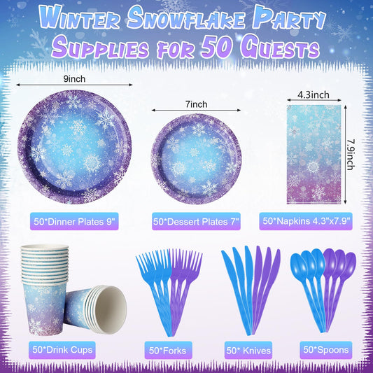 Zachely winter snowflake dinner plates in blue and purple add festive flair