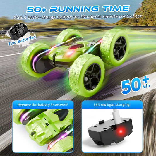 Zalneo double-sided stunt car flipping and landing with rapid side-to-side action.
