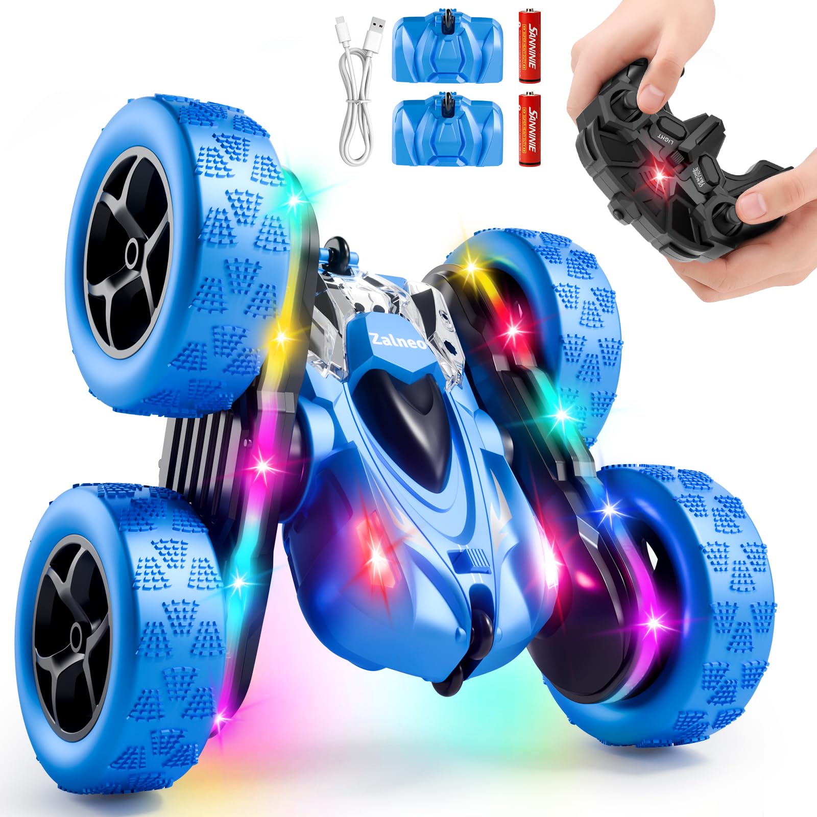 Zalneo remote-control stunt car front view shows 4WD power for versatile play.