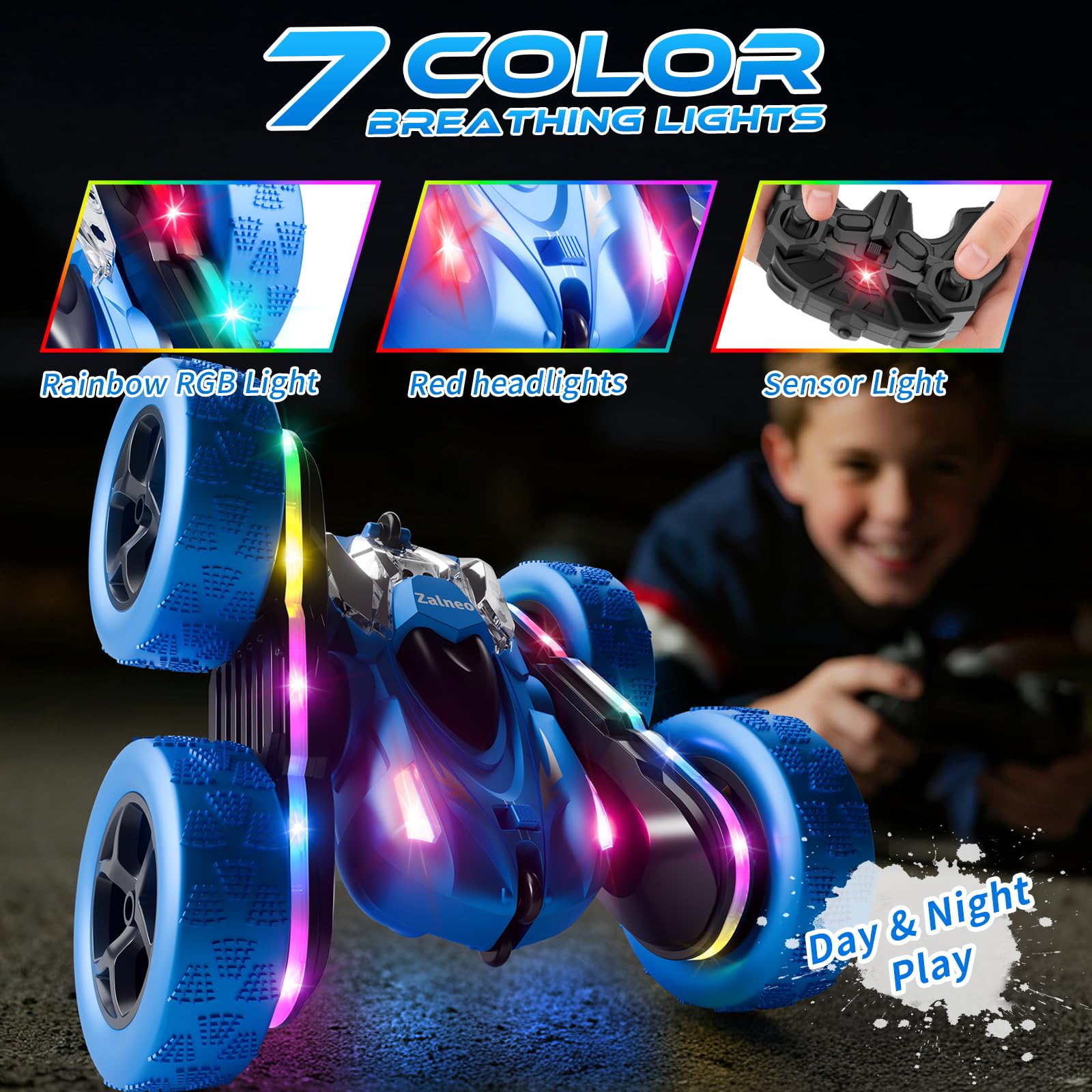 Zalneo RC car mid-flip captures 360-degree stunt capability for impressive tricks.