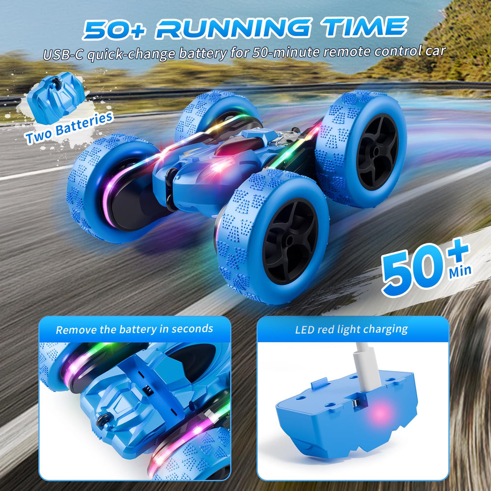 Zalneo stunt car side view highlights dual motors and durable ABS shell.