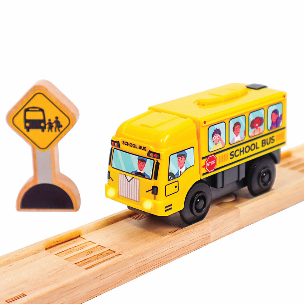 Zany Trains motorized school bus front view with bright lights for vivid play.