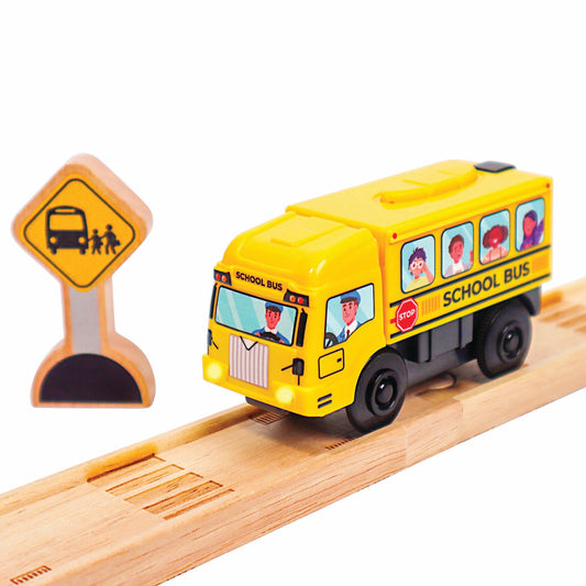 Zany Trains motorized school bus front view with bright lights for vivid play.