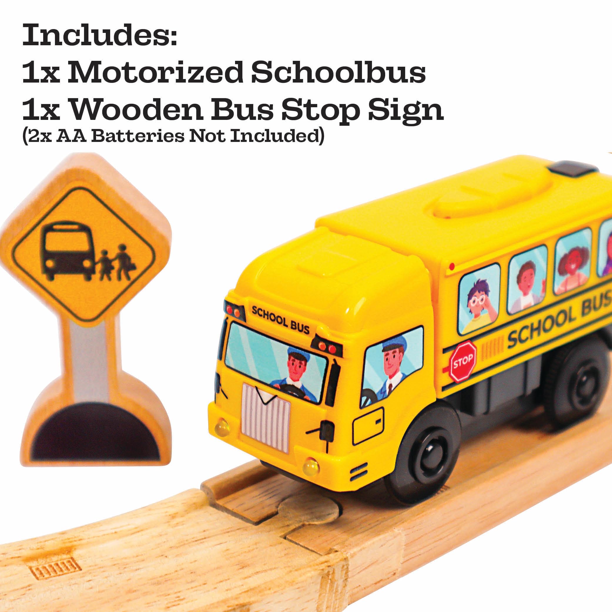 Zany Trains motorized school bus side profile showing smooth rolling play along tracks.