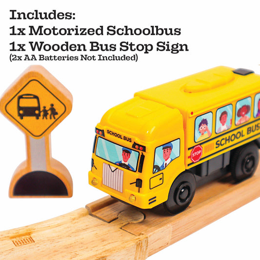 Zany Trains motorized school bus side profile showing smooth rolling play along tracks.