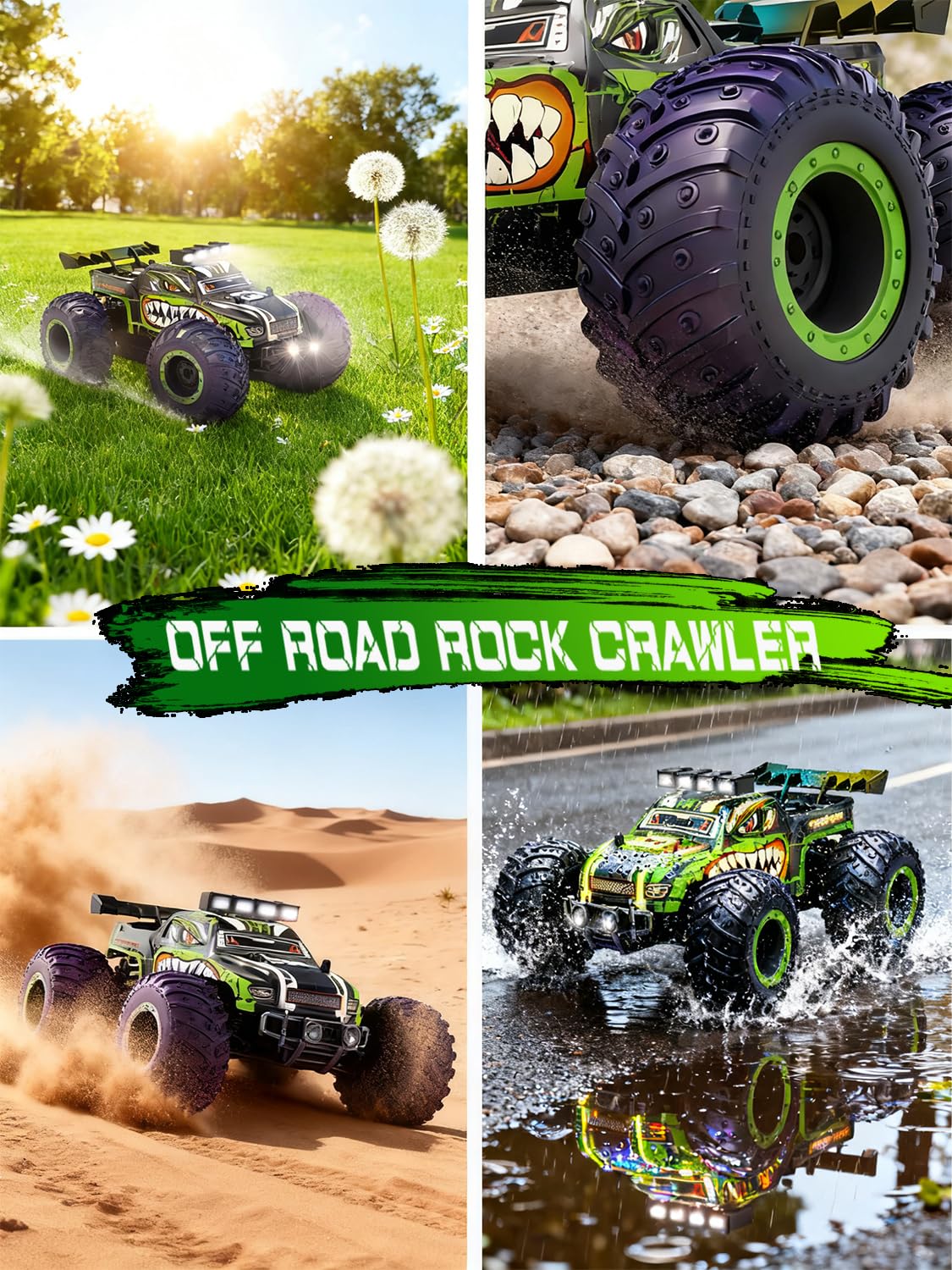 Zappido dino monster truck side action highlights rugged performance on uneven terrain.