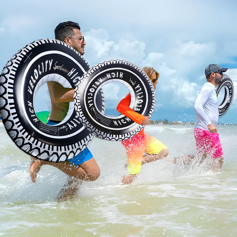 Zaruatu pool party decor tire floats as props.