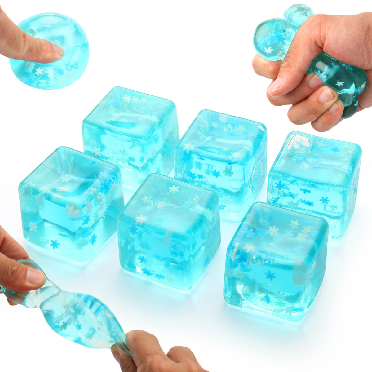 Zasnynua ice cube stress ball closeup showing snowy interior for tactile relief.