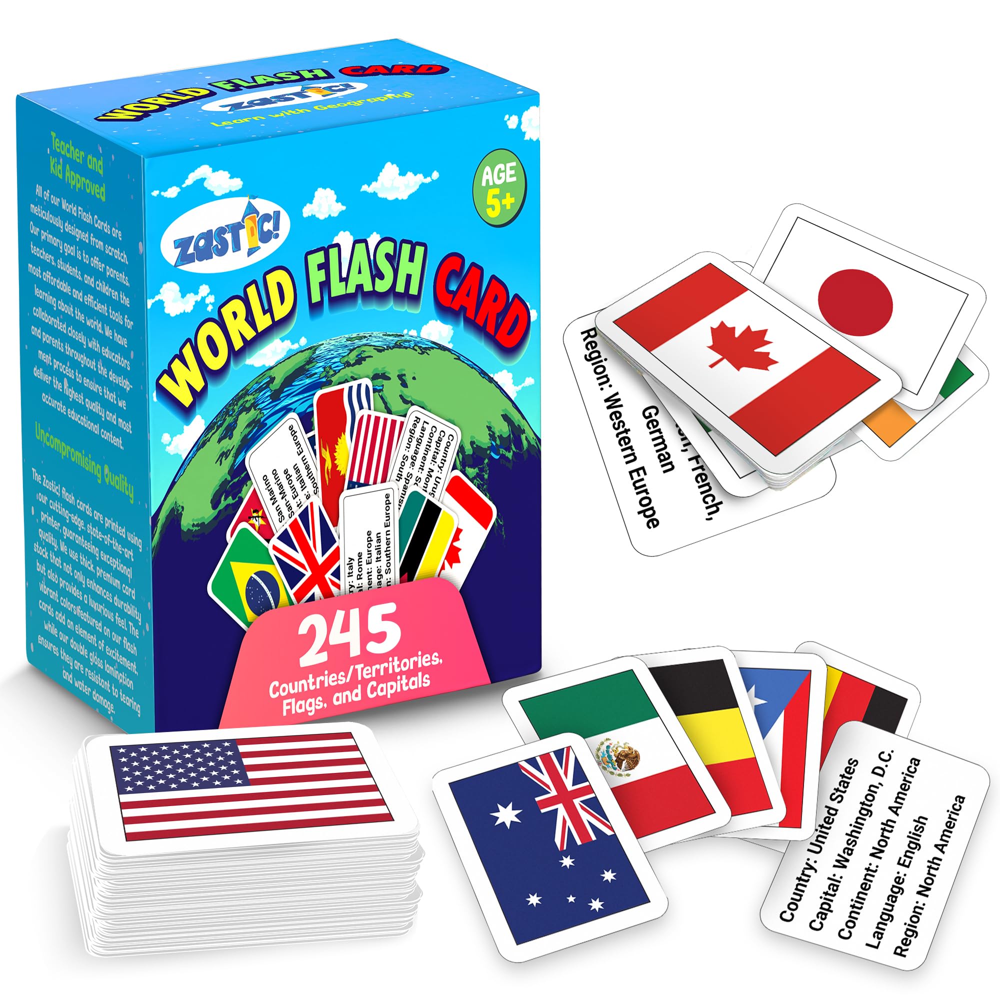 Zastic! World Flags flashcards close-up shows vivid flags for hands-on learning.
