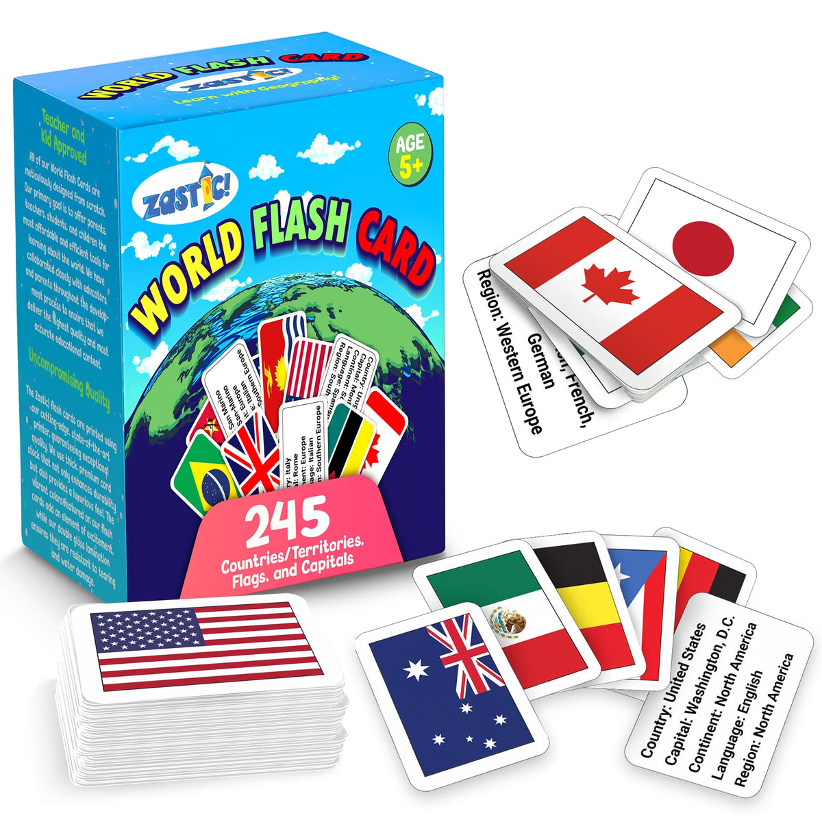 Zastic! World Flags flashcards close-up shows vivid flags for hands-on learning.