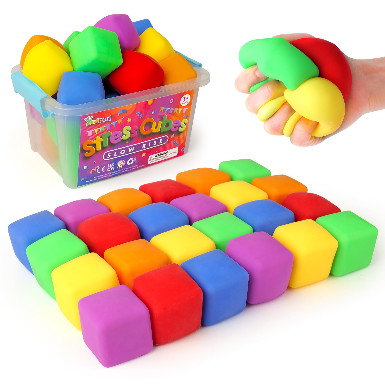 ZaxiDeel 24-pack mini slow-rise stress cubes in a carry box for portable calm