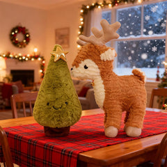 Zaxqerm Christmas plush reindeer decoration enhances holiday tablescape.