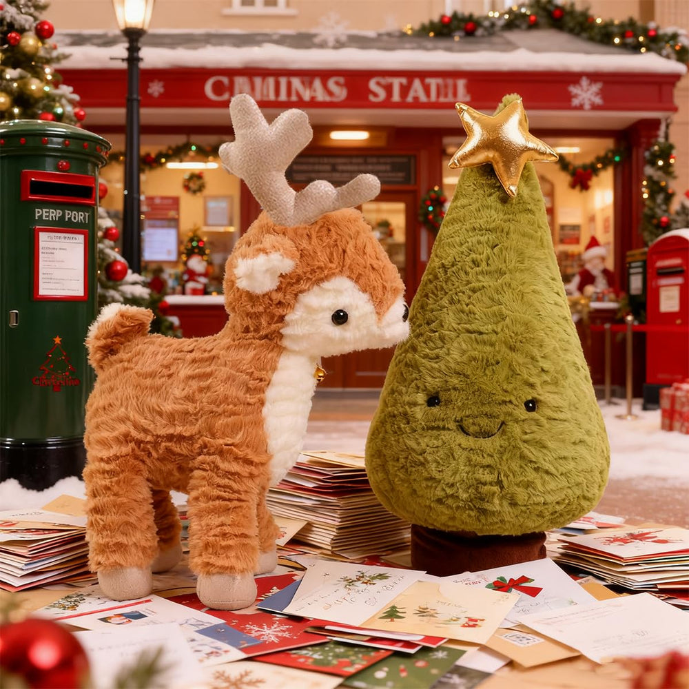 Zaxqerm deer plush with a bell around the neck adds holiday charm.