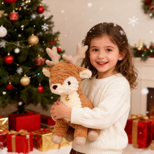 Zaxqerm deer plush placed on a mantel for festive Christmas decor.
