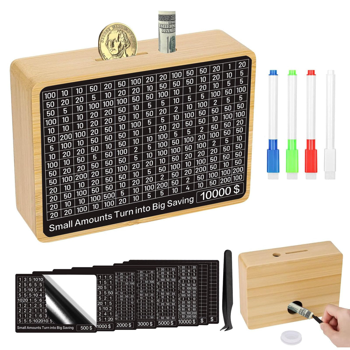 Zayeemi money-saving-box wooden front view highlights durable log construction.