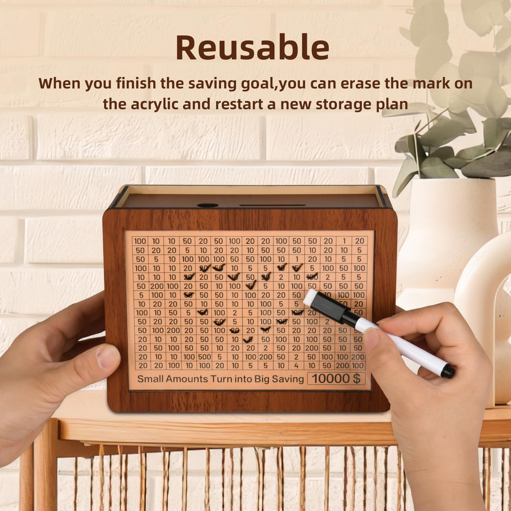 Zayeemi wooden savings box shows dimensions 7.87x5.71x3.54 inches for larger deposits.