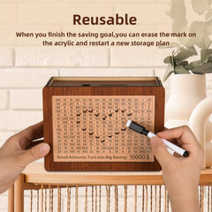 Zayeemi wooden savings box shows dimensions 7.87x5.71x3.54 inches for larger deposits.