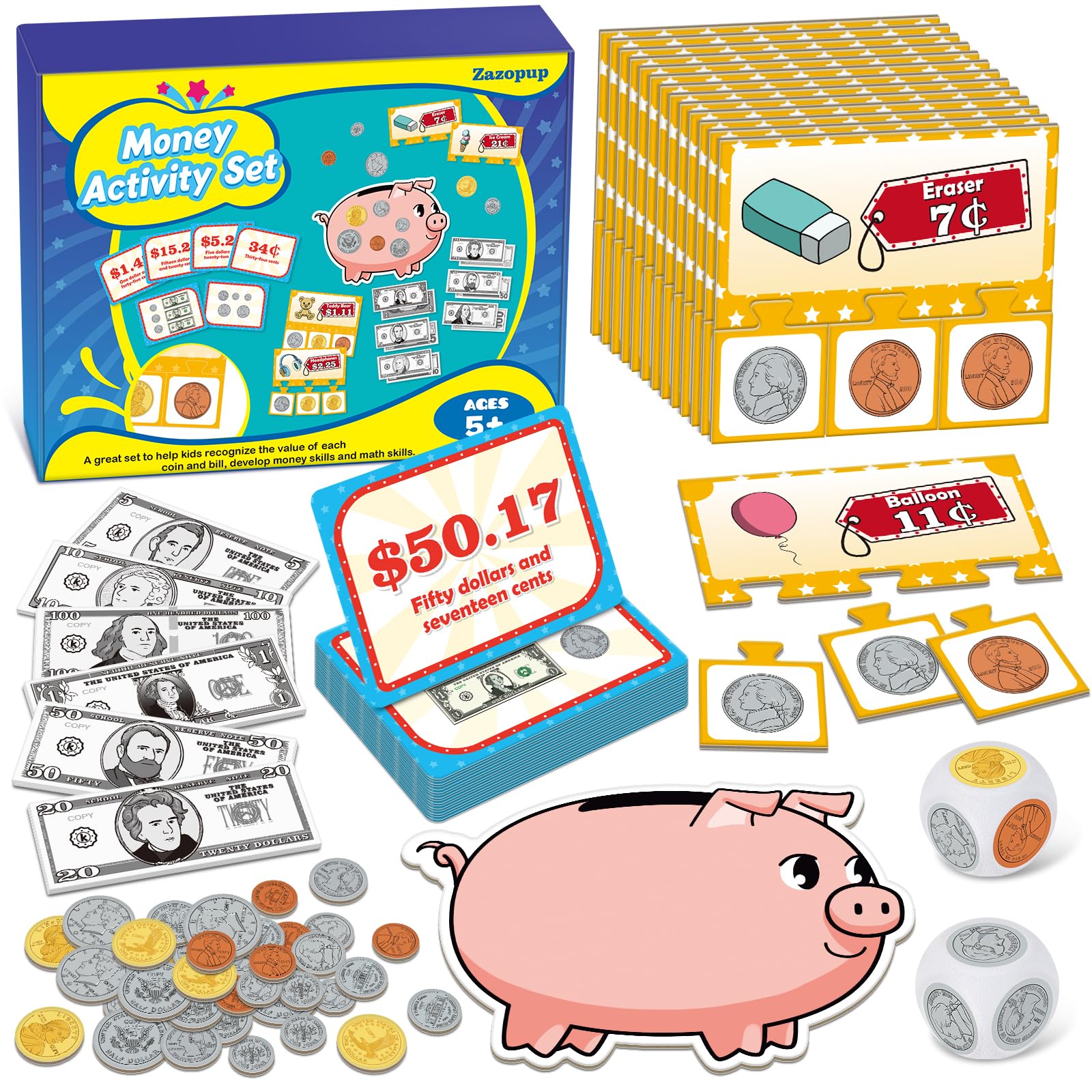 Zazopup play money with bills and coins for classroom learning