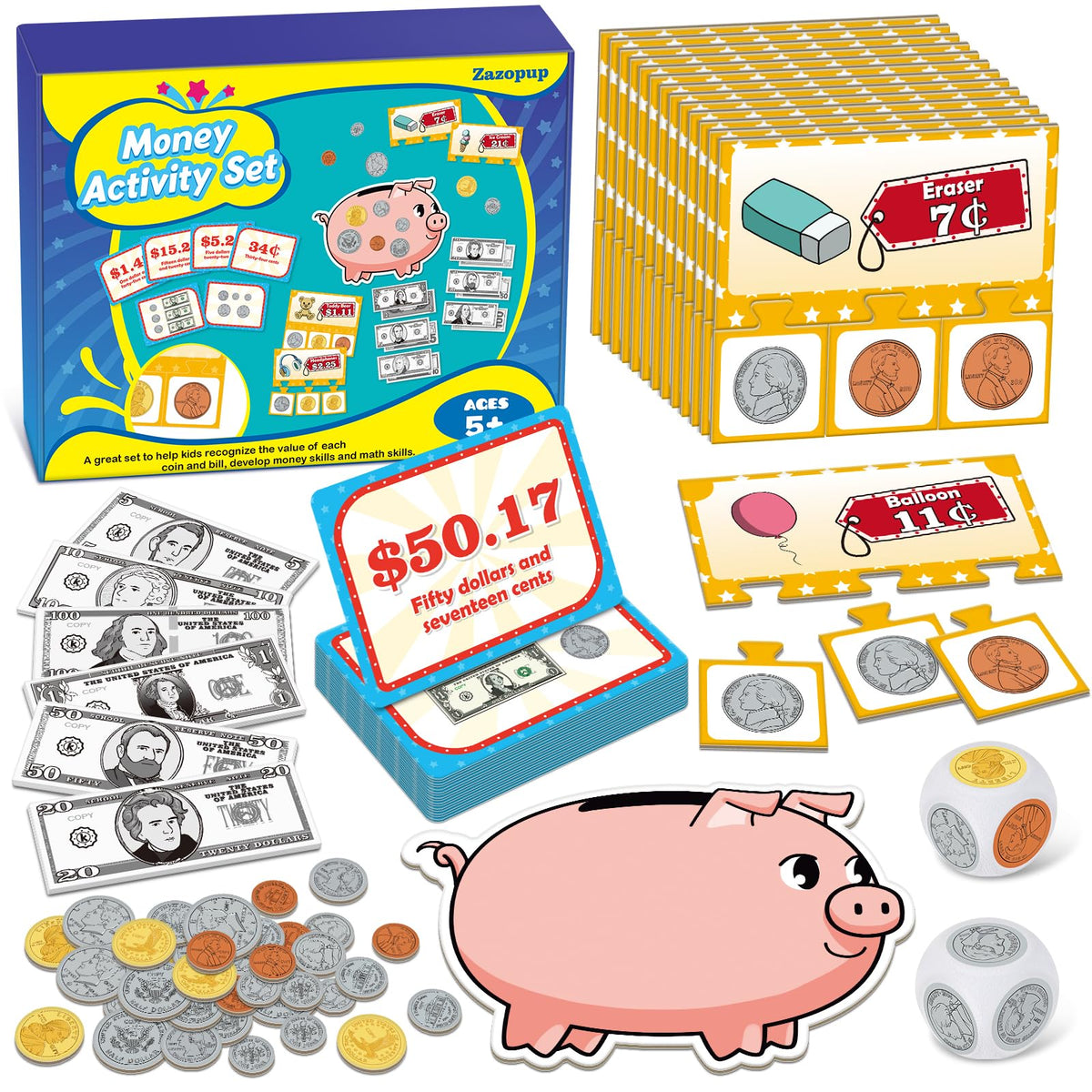 Zazopup play money with bills and coins for classroom learning