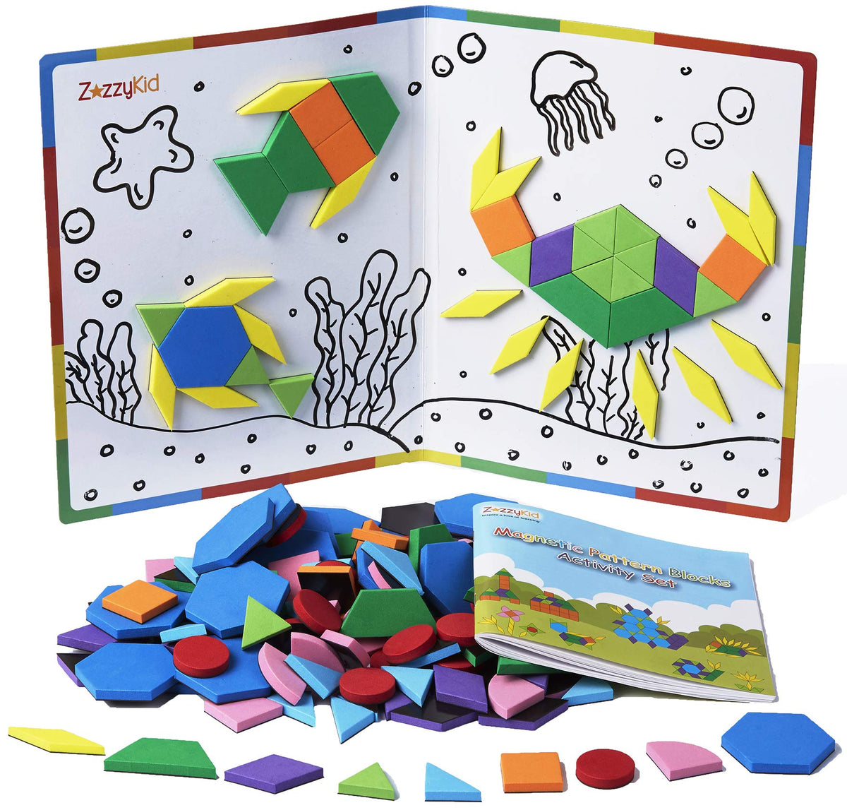 ZazzyKid 216-piece magnetic pattern blocks on board build geometry skills.