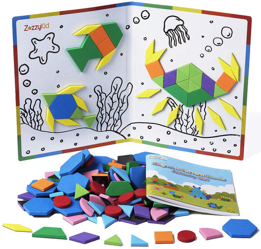 ZazzyKid 216-piece magnetic pattern blocks on board build geometry skills.