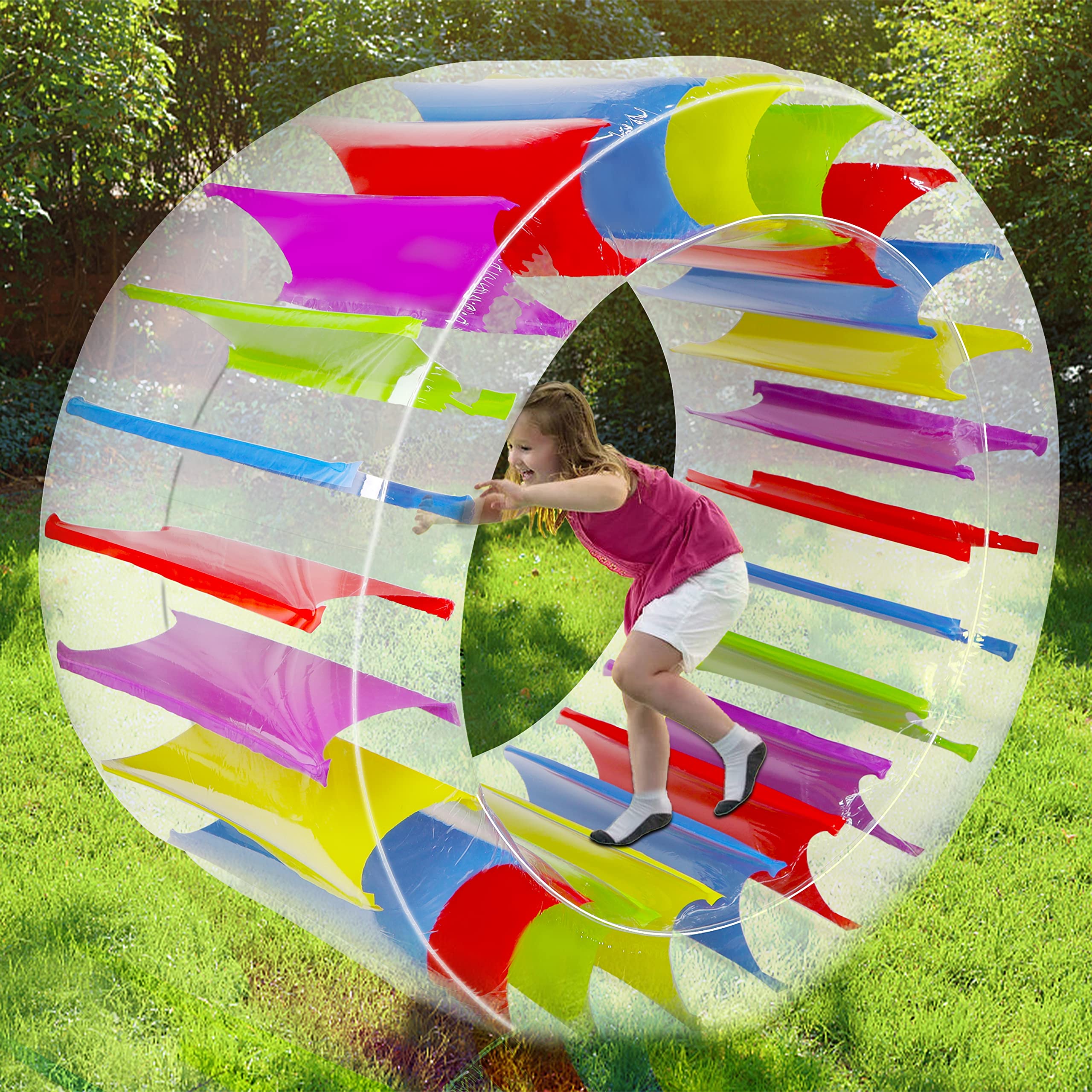 Kids safely play inside the clear wheel with soft corners.