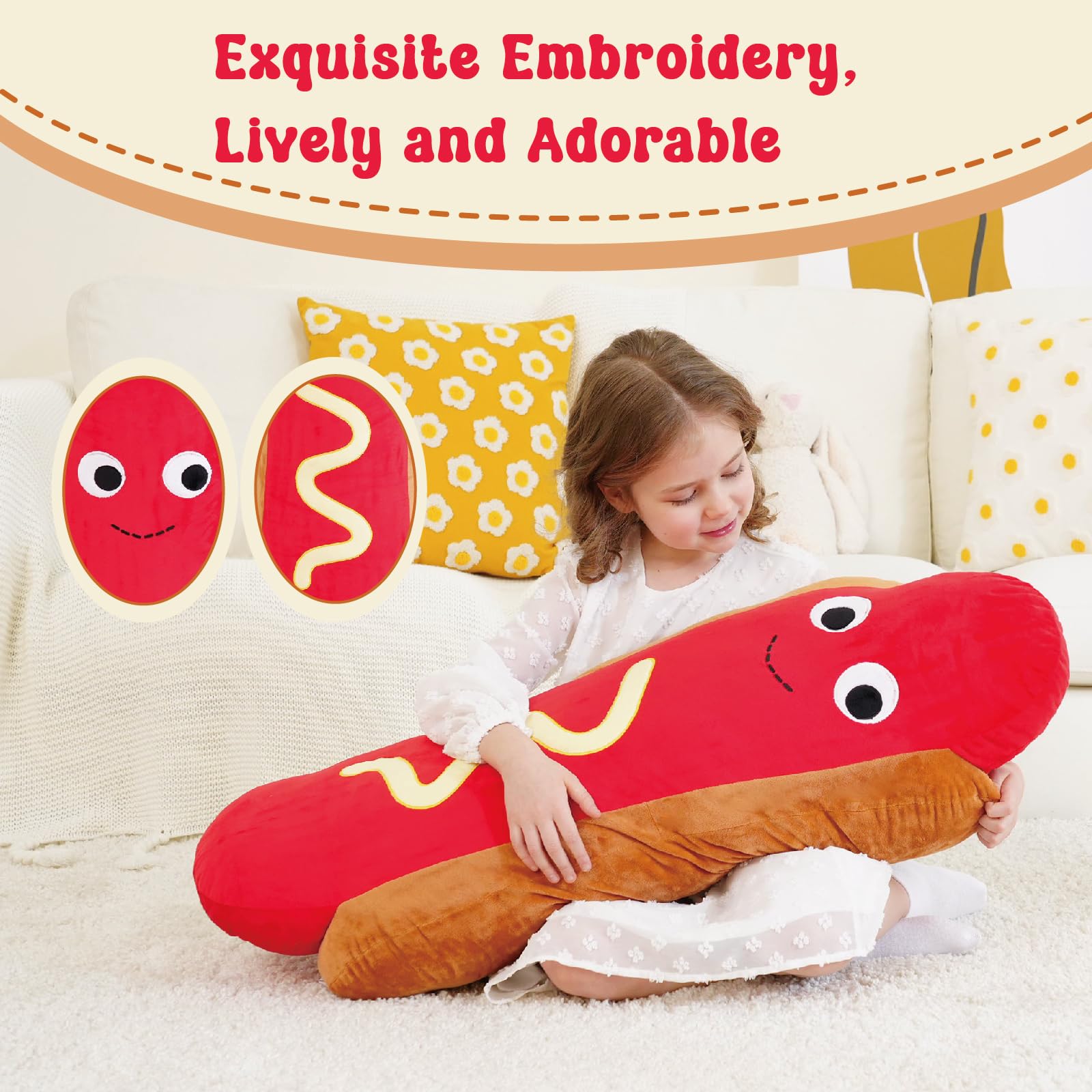 Zctghvy hot dog plush fabric closeup shows soft, premium texture.