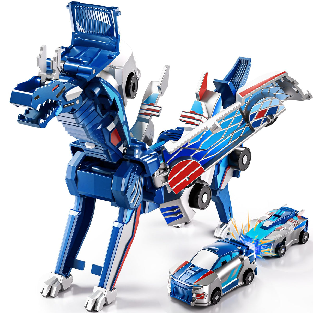 ZDRKWSM collision transforming dinosaur car blue front view promotes imaginative play