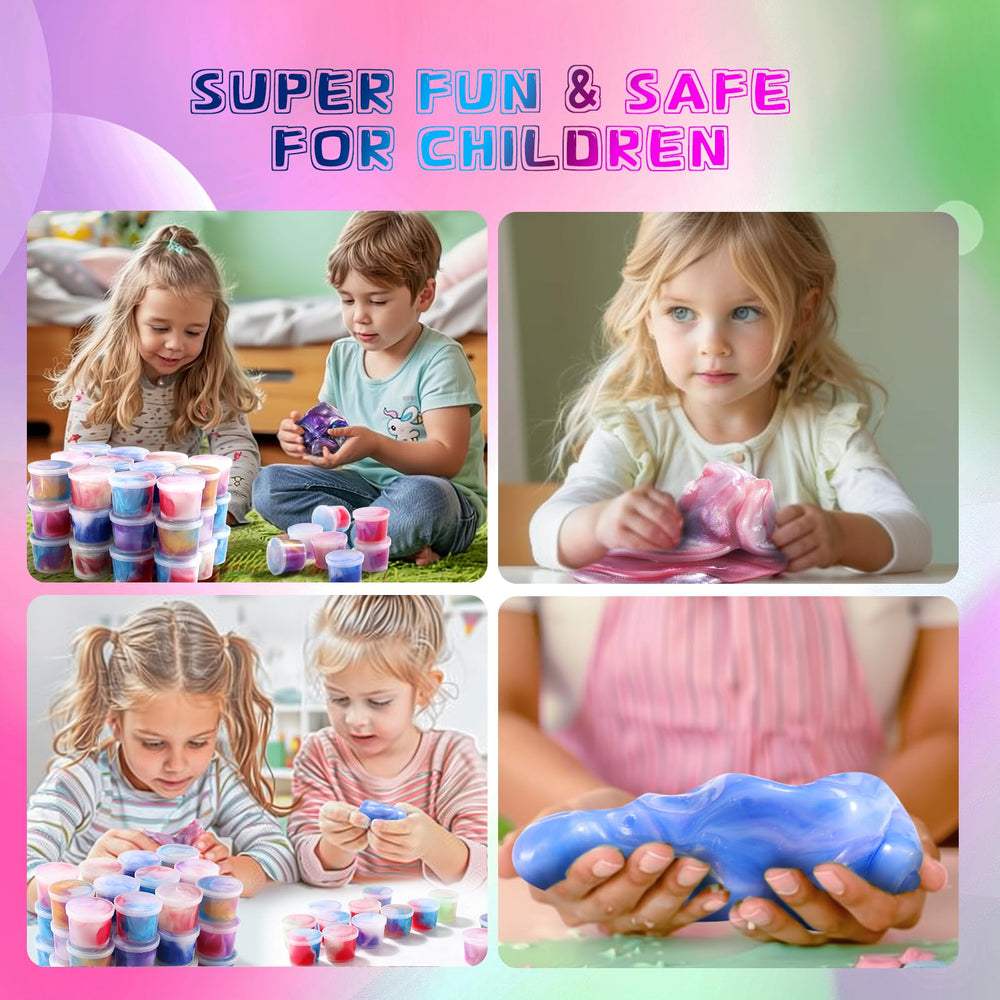 Kids pulling and stretching ZDTHNSIAT Galaxy Slime 72pack in action for dynamic play