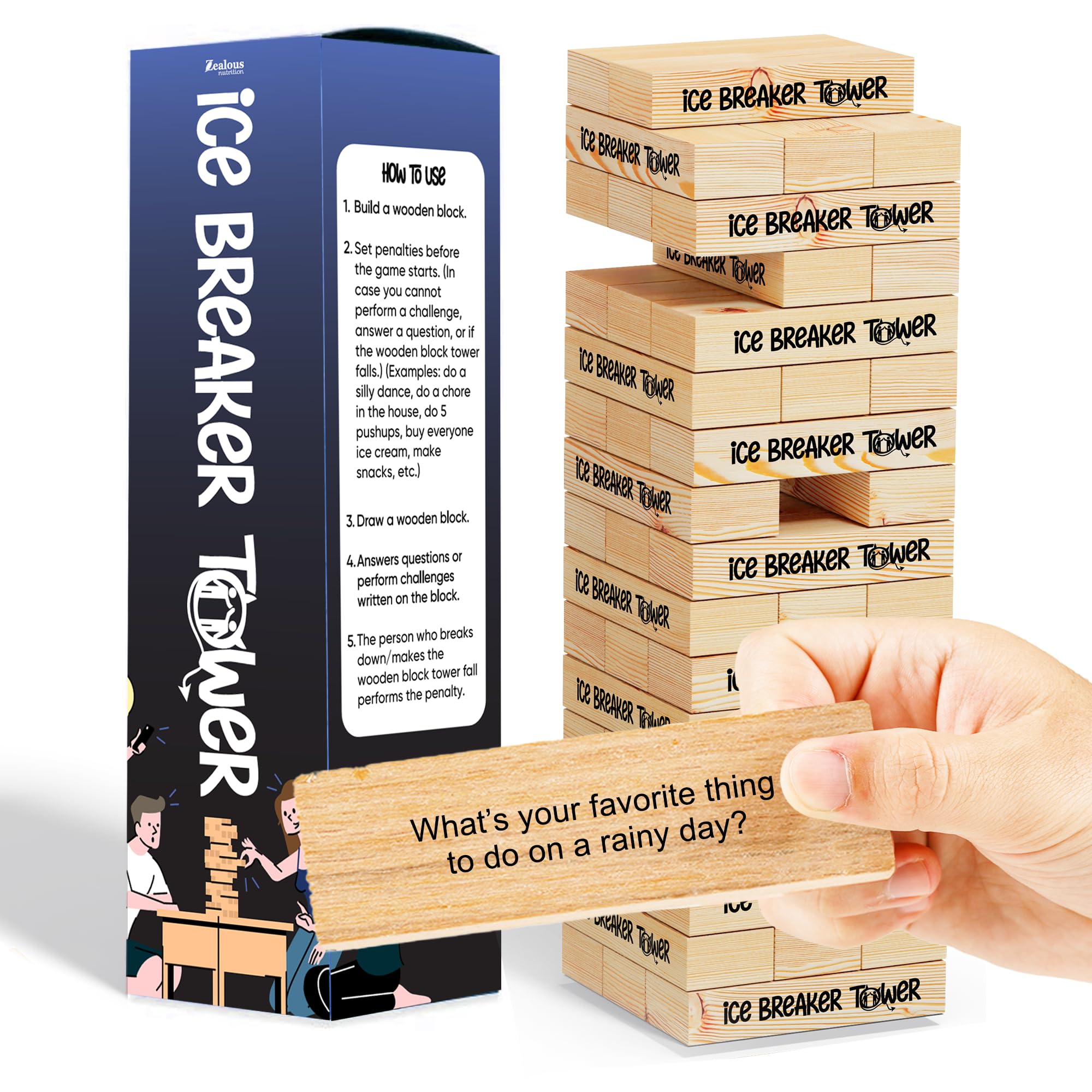 Zealous Nutrition Ice Breaker Tower Game sparks laughter at family gatherings.