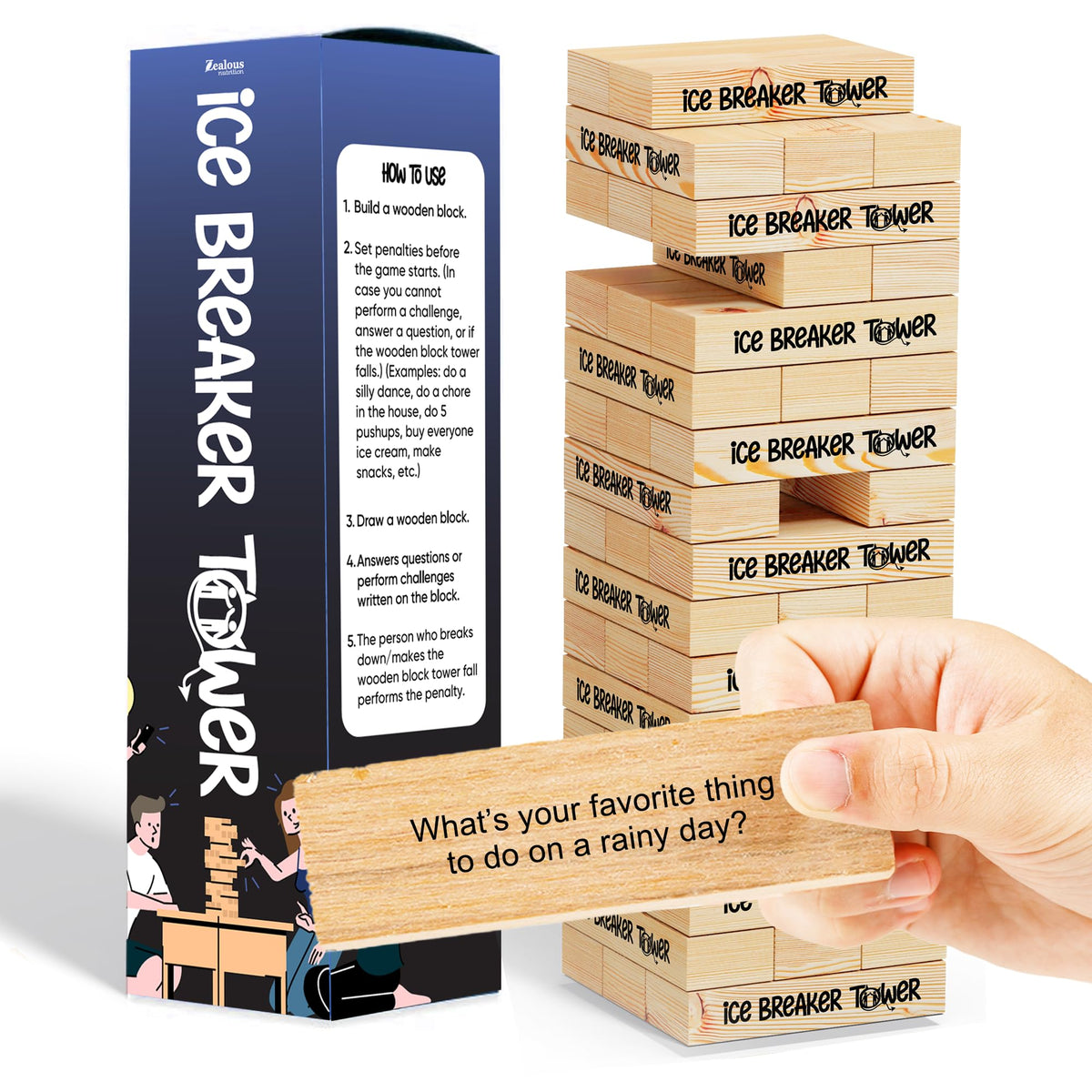 Zealous Nutrition Ice Breaker Tower Game sparks laughter at family gatherings.