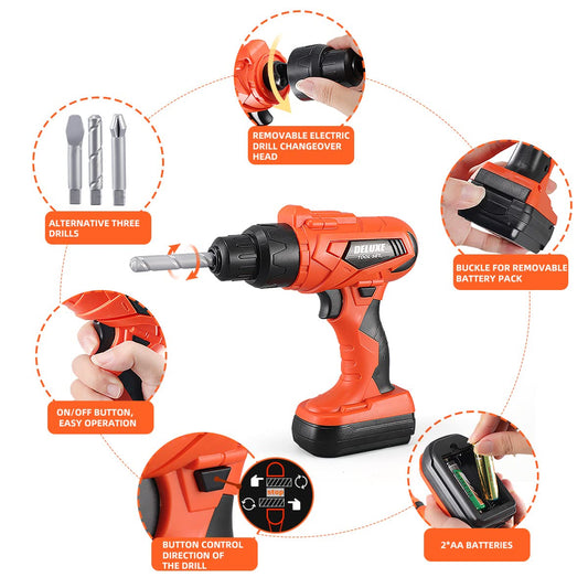 ZEALOUS TOYS electric drill focus shows battery powered pretend drilling for immersive role play.