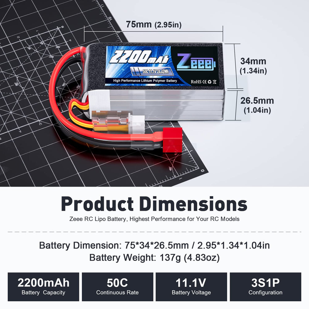 Zeee 11.1V 50C shorty battery with compact dimensions for versatile RC mounting.