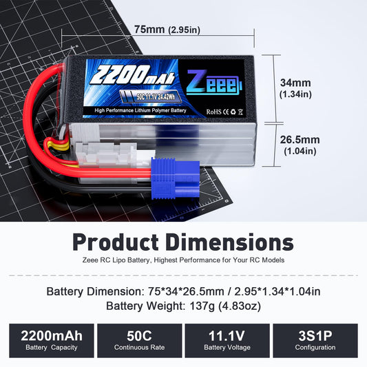 Zeee 11.1V 50C shorty LiPo with EC3 plug for high-drain models.