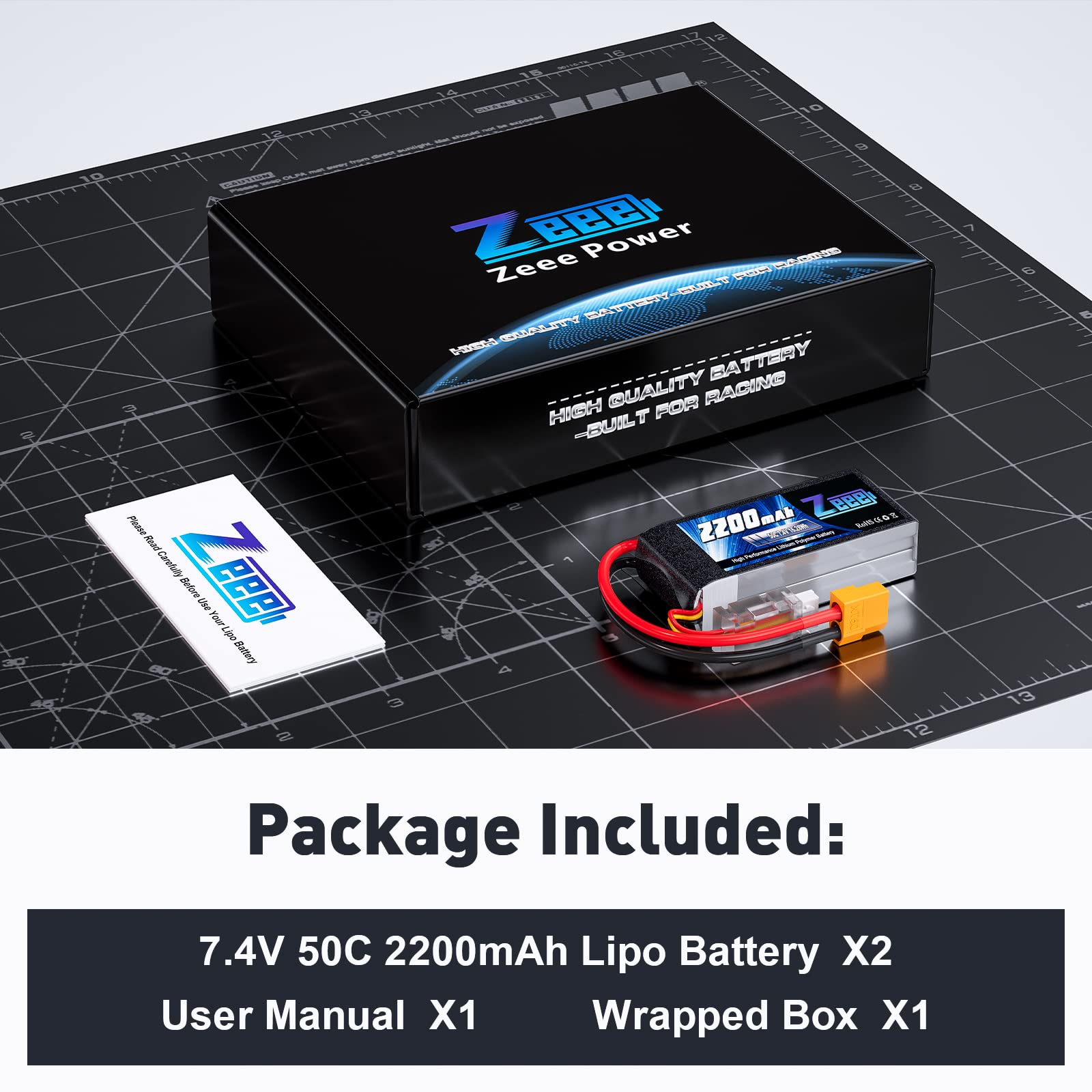 Two-pack Zeee 7.4V 50C 2200mAh LiPo batteries with XT60 connectors included.