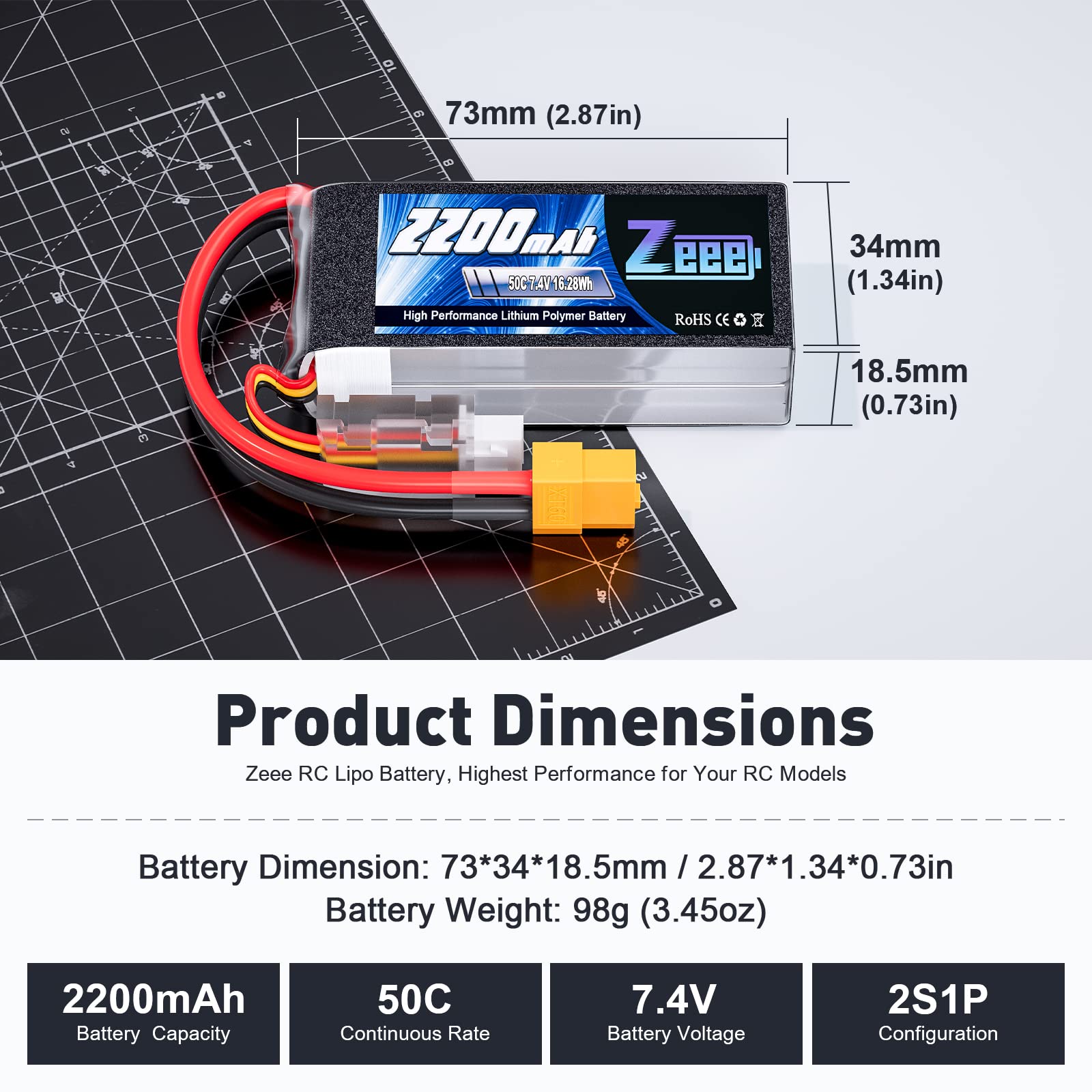 Zeee 2S 2200mAh Lipo with compact 73x34x18.5mm dimensions fits tight chassis.