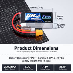 Zeee 2S 2200mAh Lipo with compact 73x34x18.5mm dimensions fits tight chassis.