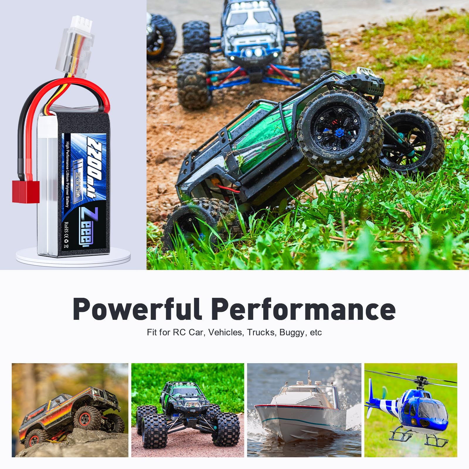 Zeee 2S 2200mAh shorty LiPo with T Connector for FPV drones, lightweight energy.