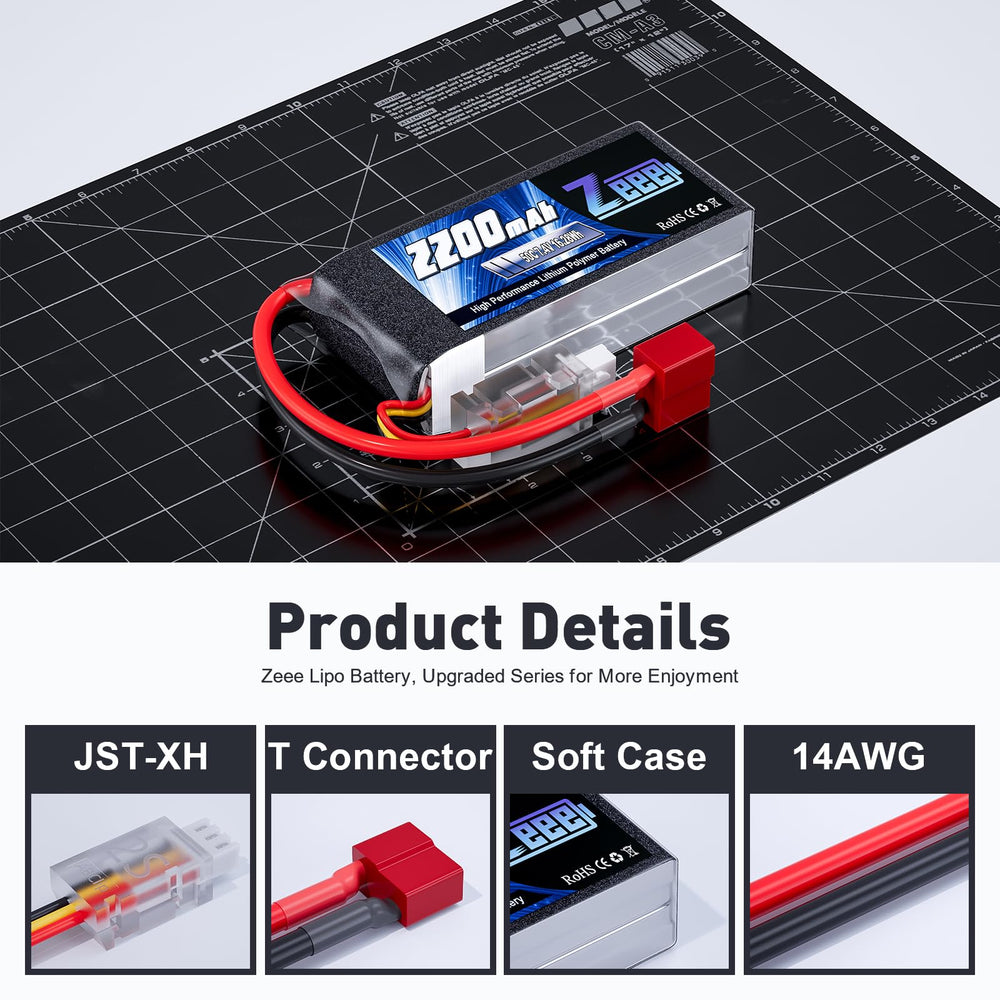 Zeee 2S 2200mAh shorty LiPo with T Connector for RC planes, quick bursts.